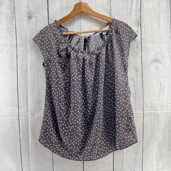 LC Lauren Conrad MEDIUM Gray Brown Polka Dot Pleated Bow Chiffon Top Blouse - Picture 1 of 9